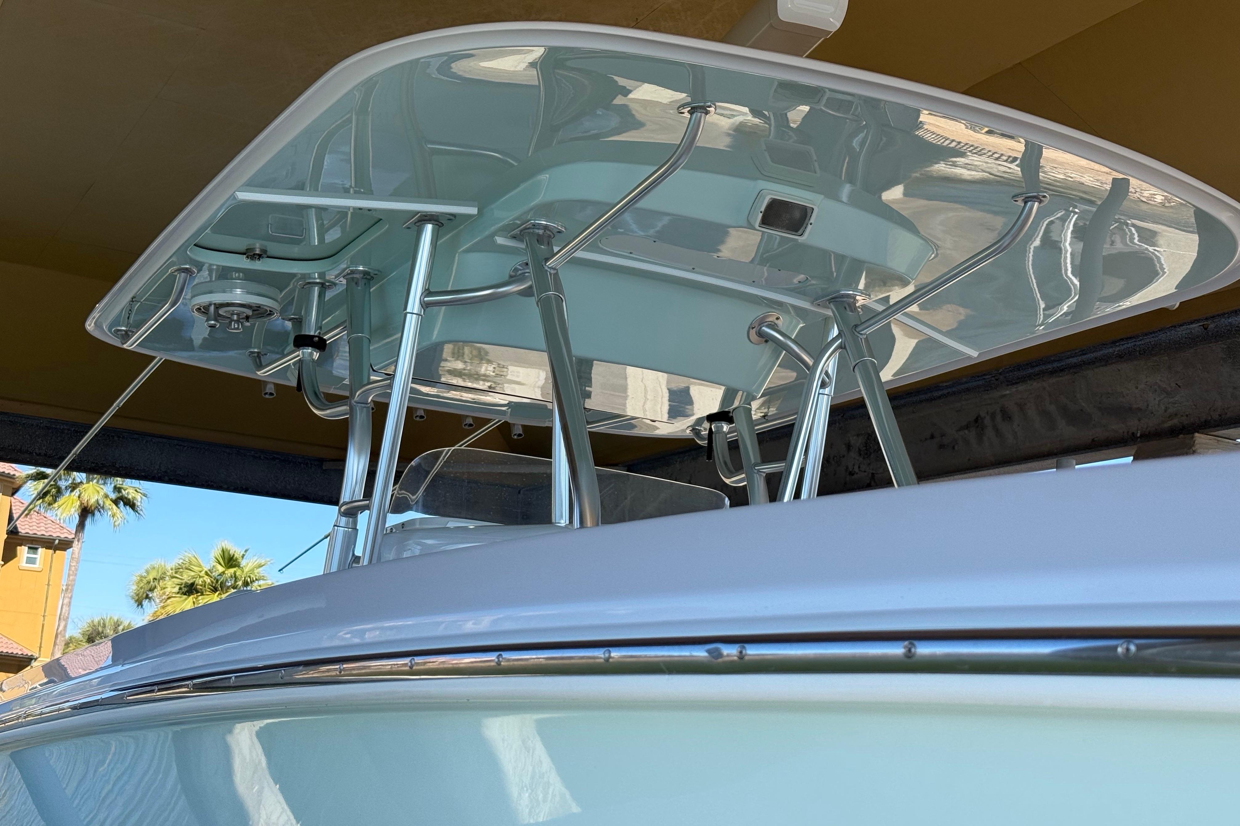 2009 Venture 39 Open boat with sleek design and sturdy metal framework.