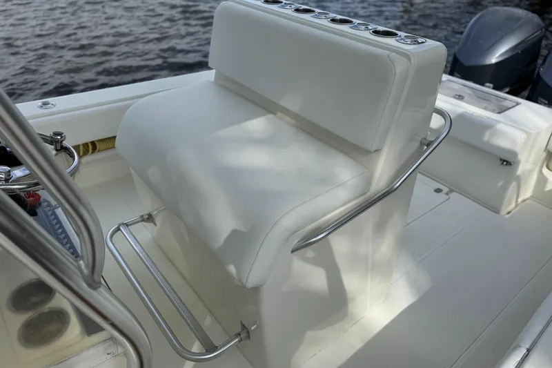  Yacht Photos Pics 2013 SeaVee 320B boat interior with white seating and stainless steel railings.