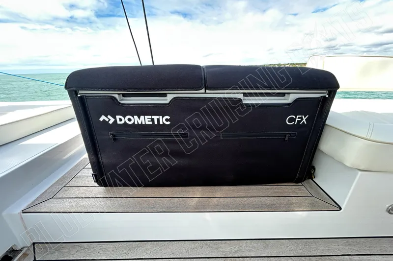 Fun Pass Yacht Photos Pics Dometic CFX cooler on Privilege 580 yacht deck, 2025 model, ocean view.