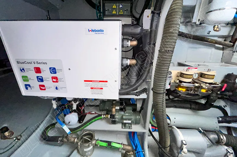 Fun Pass Yacht Photos Pics Engine room of 2025 Privilege 580 yacht featuring Webasto BlueCool V-Series system.