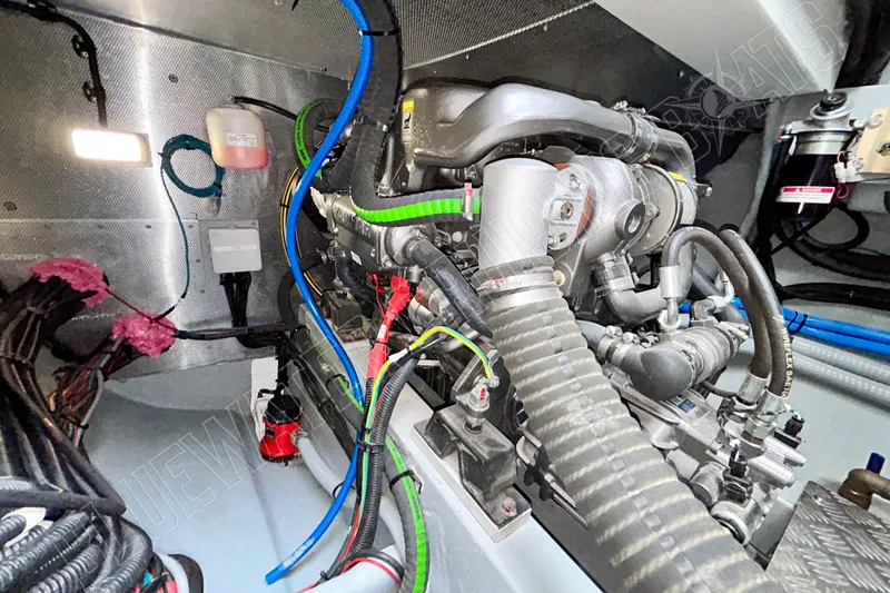 Fun Pass Yacht Photos Pics Engine room of 2025 Privilege 580 yacht with visible wiring and components.