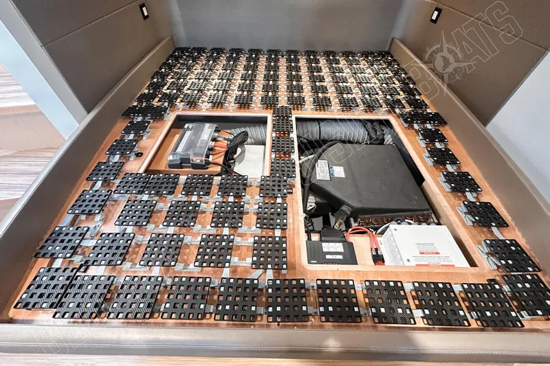 Fun Pass Yacht Photos Pics Under-bed storage with electrical components in 2025 Privilege 580 yacht.