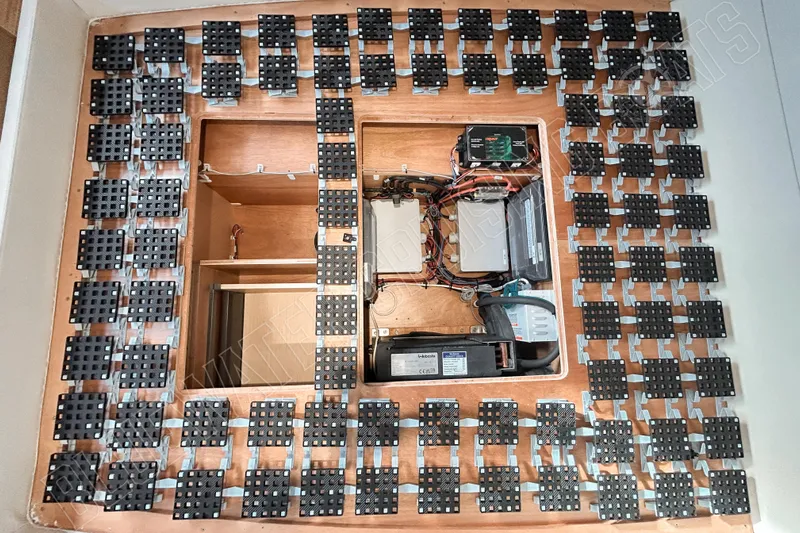 Fun Pass Yacht Photos Pics Electrical panel of Privilege 580 yacht, 2025 model, showcasing wiring and components.