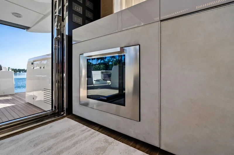 Sunsation Yacht Photos Pics Luxurious interior of 2019 Ferretti Yachts 780 with modern design and scenic ocean view.