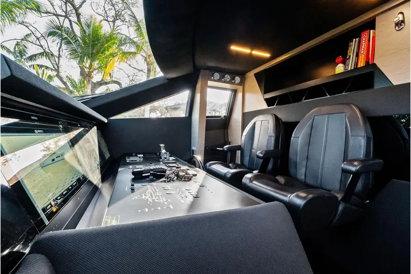 Sunsation Yacht Photos Pics Luxurious 2019 Ferretti Yachts 780 cockpit with modern controls and leather seating.