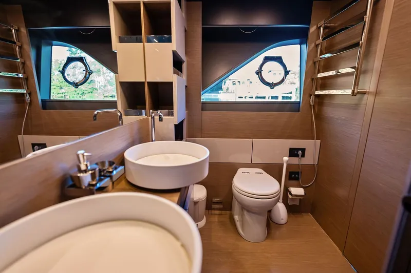 Sunsation Yacht Photos Pics Luxurious bathroom in 2019 Ferretti Yachts 780, featuring modern fixtures and elegant design.