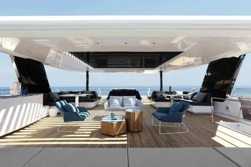  Yacht Photos Pics Luxurious Sunreef 80 Power yacht deck with modern seating, ocean view, 2021 model.