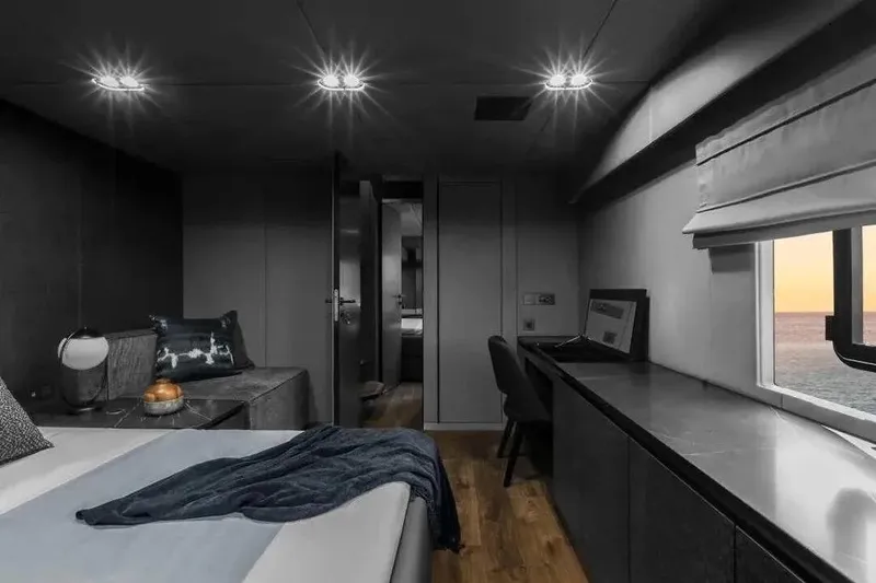  Yacht Photos Pics Luxurious cabin interior of 2021 Sunreef 80 Power yacht with ocean view.