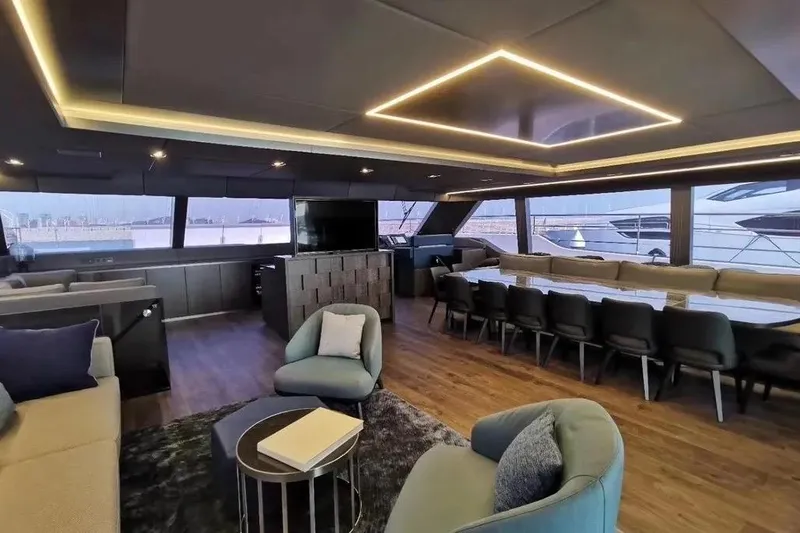  Yacht Photos Pics Luxurious interior of 2021 Sunreef 80 Power yacht with modern seating and elegant lighting.