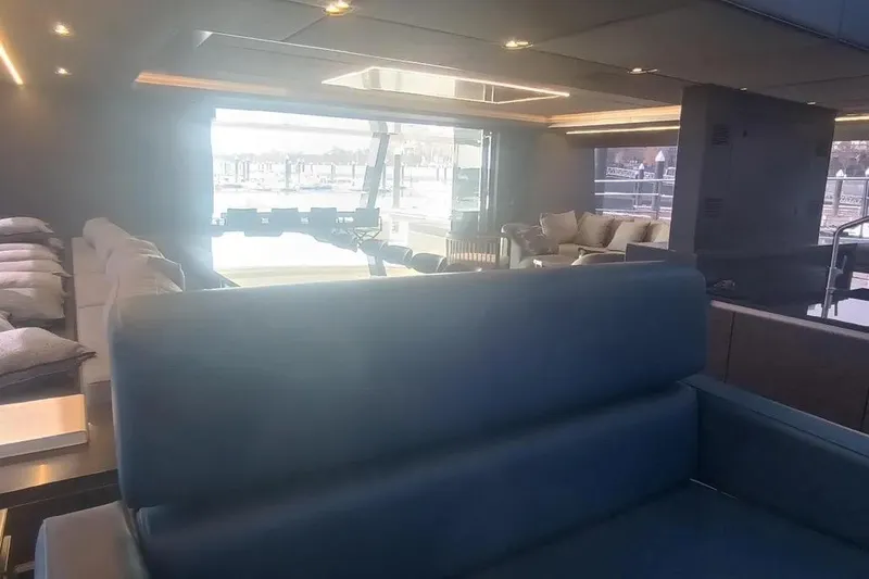  Yacht Photos Pics Luxurious interior of 2021 Sunreef 80 Power yacht with modern seating and large windows.