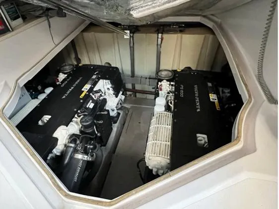  Yacht Photos Pics Engine compartment of a 2013 Sessa Marine C 48 yacht, featuring twin Volvo Penta engines.