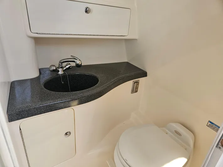  Yacht Photos Pics 2005 Boston Whaler 305 Conquest bathroom with sink and toilet, compact and functional design.