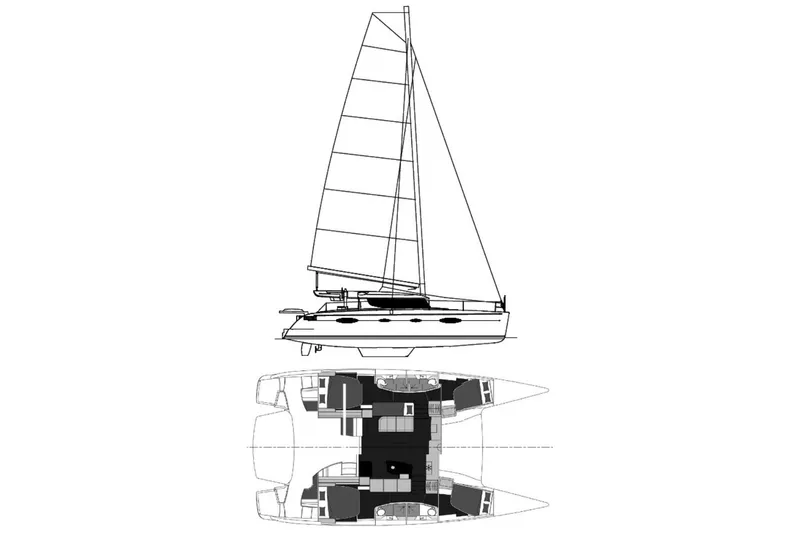 Sunbelievable Yacht Photos Pics Line drawing of 2008 Fountaine Pajot Salina 48 Evolution catamaran, side and top views.