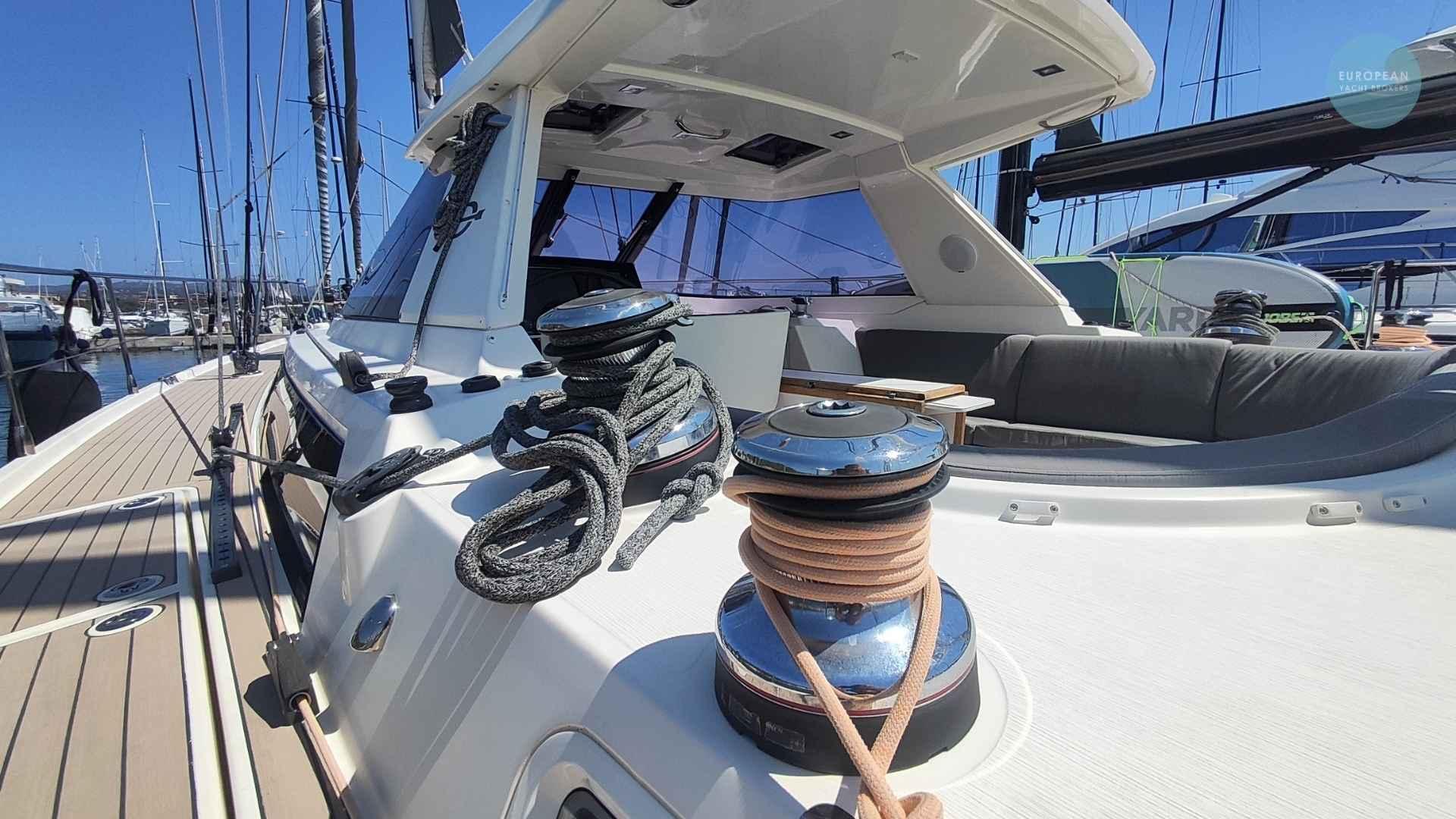 Luxury Amel 55 yacht deck with winches and ropes, 2017 model.