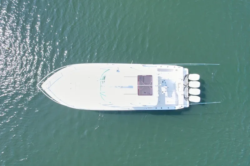 Still Wreckless Yacht Photos Pics Aerial view of 2014 SeaVee 430 SE boat on water.