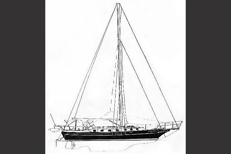 Makani Yacht Photos Pics Line drawing of a 1993 Gozzard 44 MK1 AC sailboat, side view.