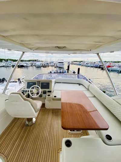 Ivy Therapy Yacht Photos Pics Luxurious 2015 Azimut 50 yacht interior with helm and wooden table, docked at marina.