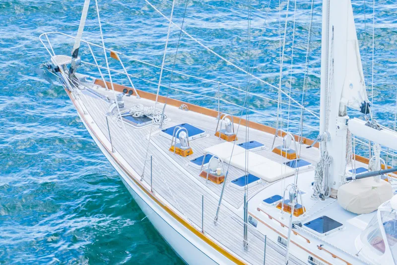 Tuatara Yacht Photos Pics Sailing yacht Little Harbor 63, 1983 model, on vibrant blue ocean waters.