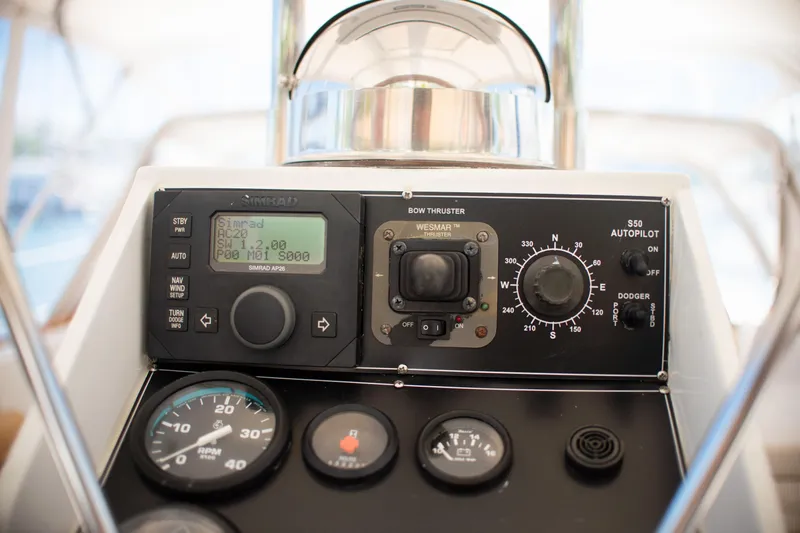 Tuatara Yacht Photos Pics Control panel of a 1983 Little Harbor 63 yacht with navigation instruments.