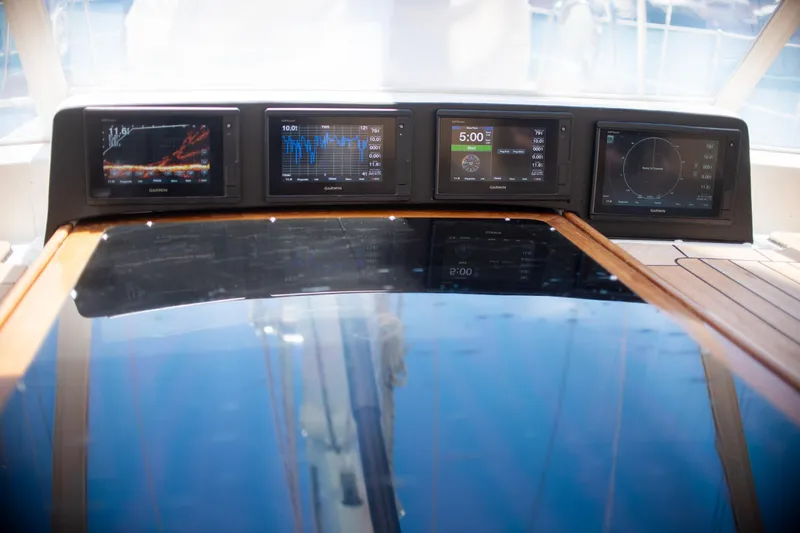 Tuatara Yacht Photos Pics Cockpit of 1983 Little Harbor 63 yacht with Garmin navigation displays.