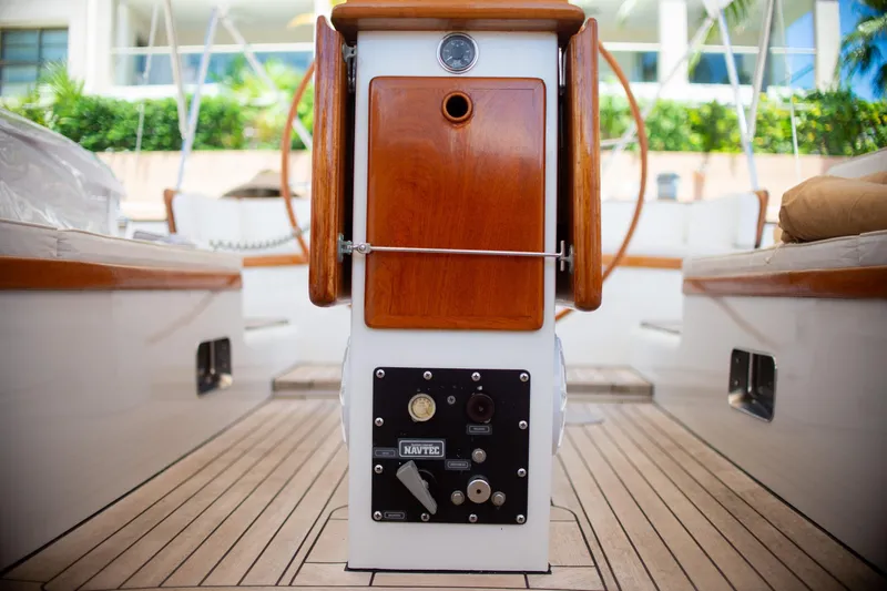 Tuatara Yacht Photos Pics Cockpit of 1983 Little Harbor 63 yacht with wooden accents and control panel.