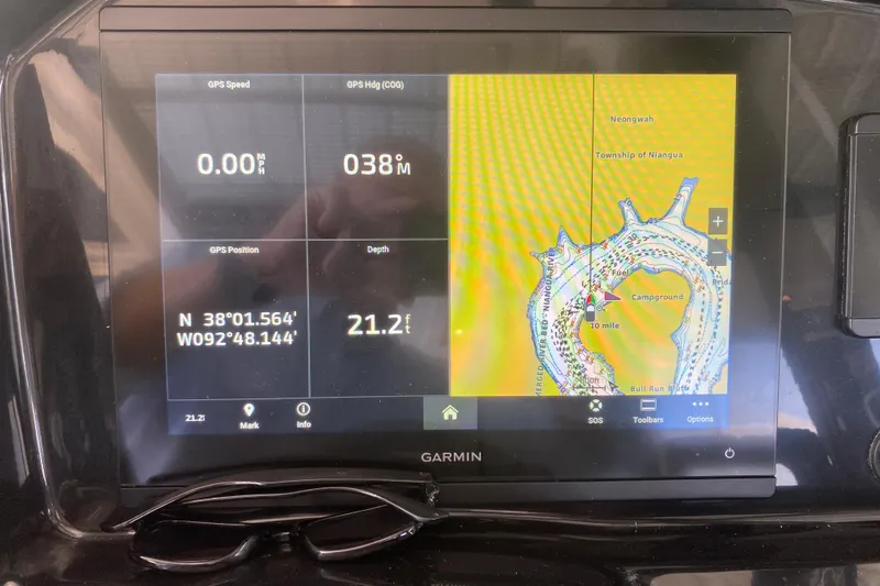  Yacht Photos Pics Garmin GPS display on 2024 Jeanneau NC 895 boat showing map and coordinates.