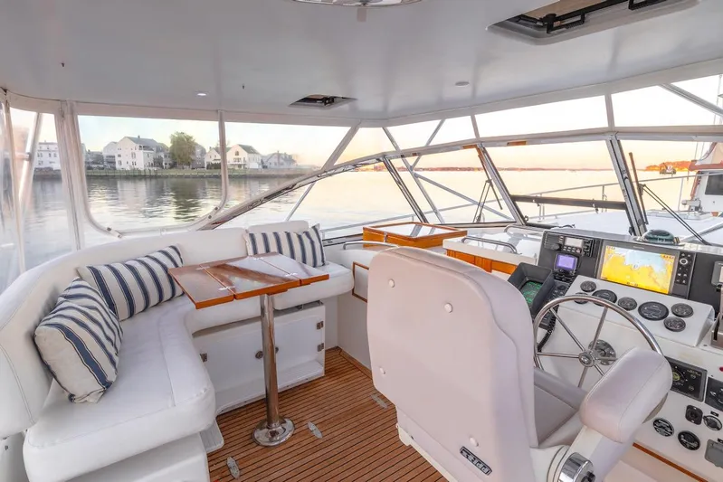 Salty Witch Yacht Photos Pics Interior of 1998 Grand Banks 38 Eastbay EX yacht with seating and navigation equipment.