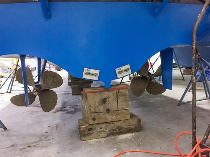 Salty Witch Yacht Photos Pics 1998 Grand Banks 38 Eastbay EX boat hull with dual propellers in dry dock.