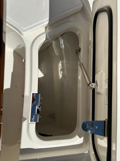 Dream Chaser Yacht Photos Pics 2021 Boston Whaler Realm 380 storage compartment with open hatch and hydraulic support.
