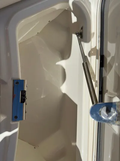 Dream Chaser Yacht Photos Pics Boston Whaler Realm 380 storage compartment, 2021 model, featuring hydraulic support.