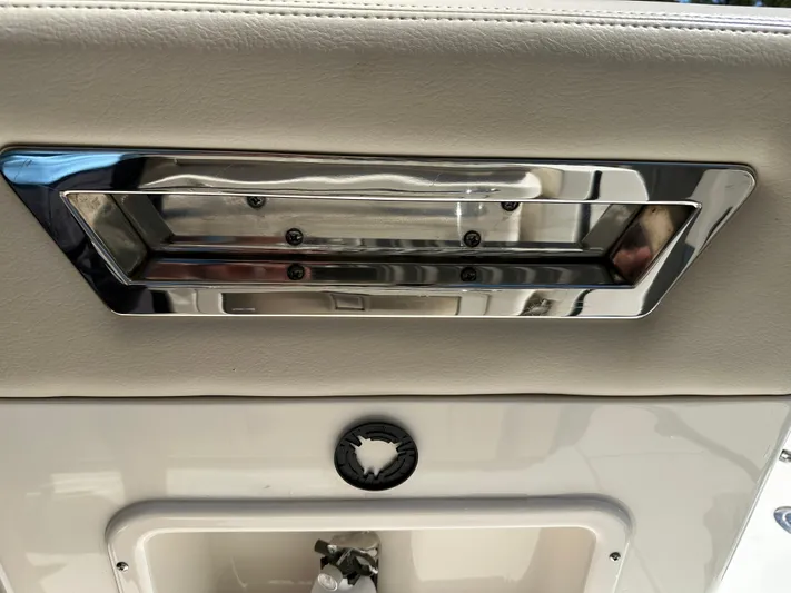 Dream Chaser Yacht Photos Pics Boston Whaler Realm 380 2021 interior detail with chrome and leather accents.