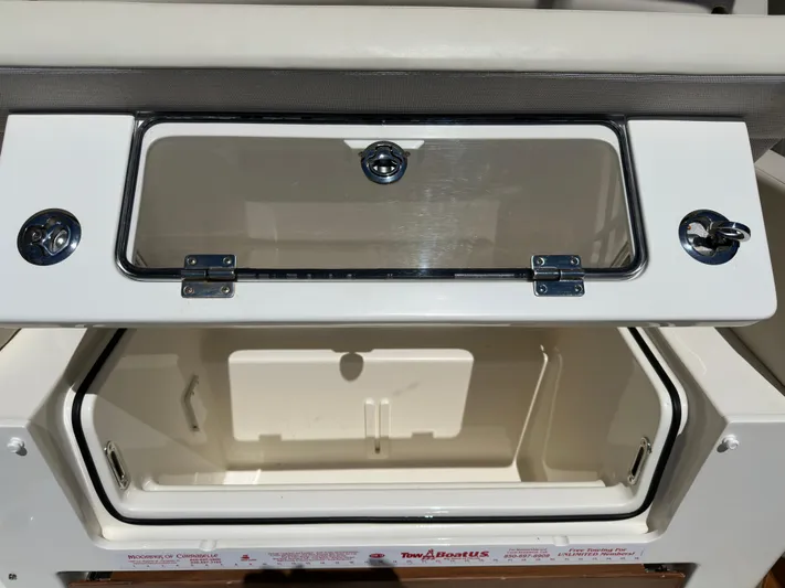 Dream Chaser Yacht Photos Pics Open storage compartment on a 2021 Boston Whaler Realm 380 boat.
