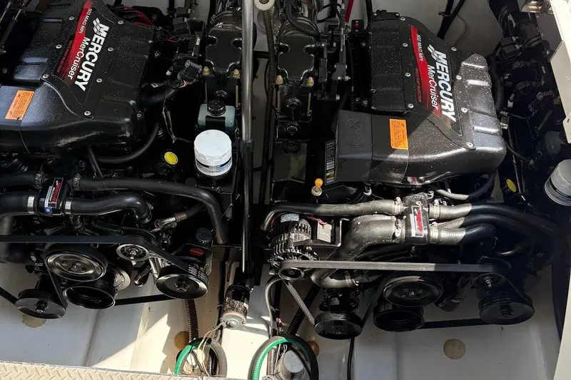  Yacht Photos Pics Twin Mercury MerCruiser engines in a 2001 Formula 400ss boat engine compartment.