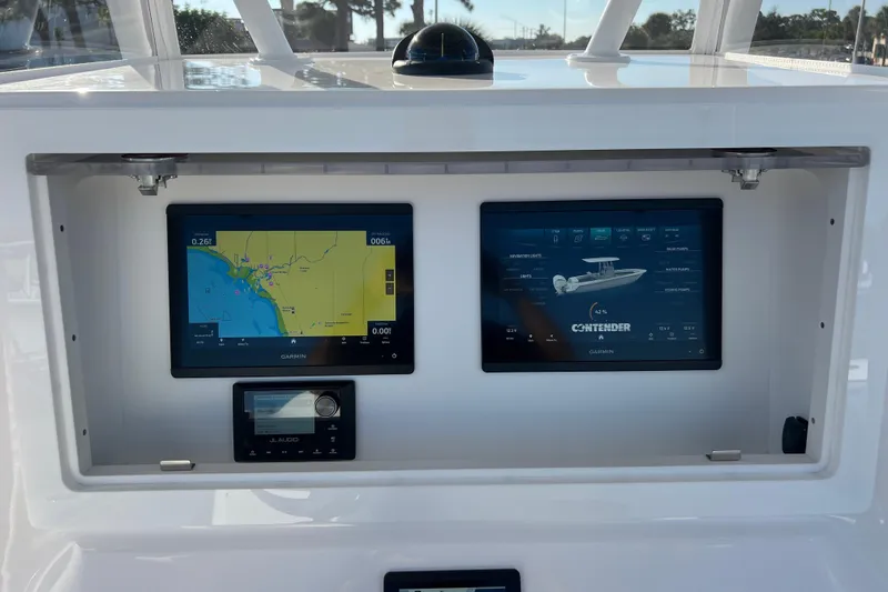  Yacht Photos Pics Dashboard of 2026 Contender 28 Tournament boat with dual Garmin displays.