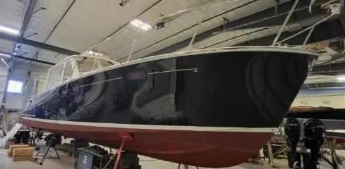 Liberty Yacht Photos Pics 2013 MJM 40z Downeast boat in a storage facility.