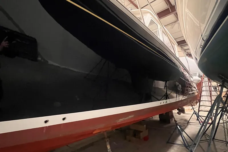 Liberty Yacht Photos Pics 2013 MJM 40z Downeast yacht in storage, side view.