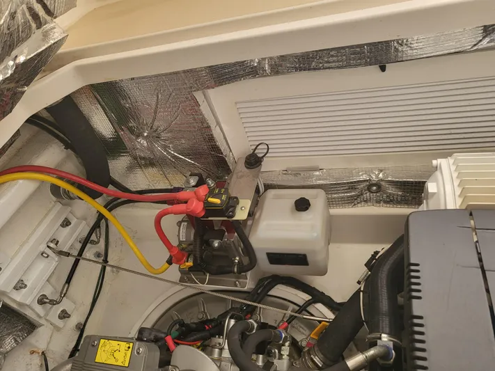 Liberty Yacht Photos Pics Engine compartment of 2013 MJM 40z Downeast boat with wiring and components.