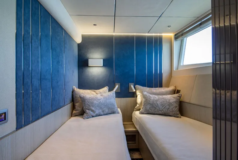  Yacht Photos Pics Luxurious twin cabin interior of 2026 Galeon 620 FLY yacht with modern design.