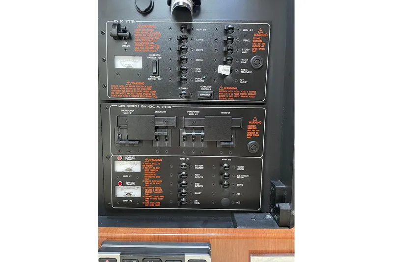 Gratitude Yacht Photos Pics Control panel of a 2015 Formula 350 Sun Sport boat, featuring electrical systems.