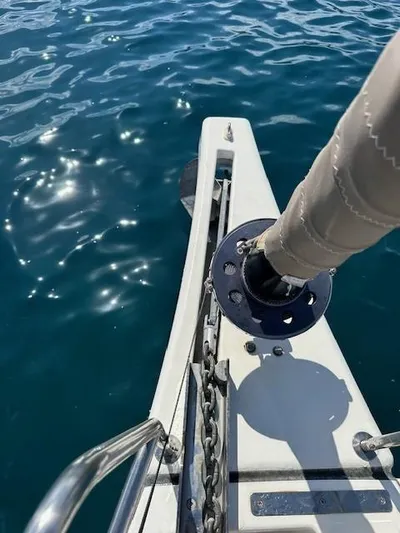  Yacht Photos Pics Bow of 2018 Dufour 512 Grand Large sailboat on sparkling blue water.