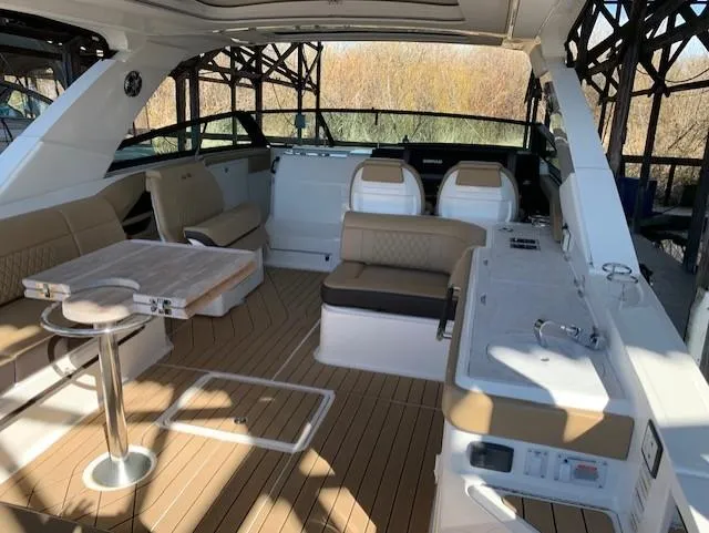  Yacht Photos Pics Luxurious 2022 Sea Ray SLX 400 yacht interior with elegant seating and modern amenities.
