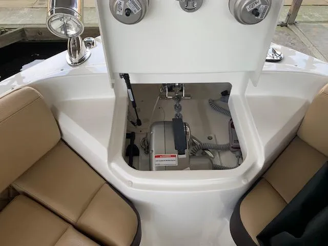  Yacht Photos Pics 2022 Sea Ray SLX 400 boat interior with anchor storage and beige seating.