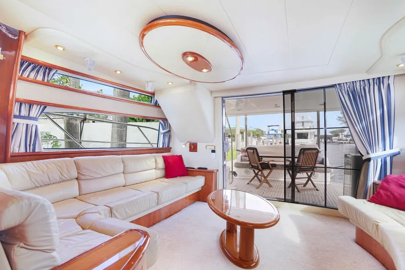 Carrie Ann Yacht Photos Pics Luxurious interior of 2006 Neptunus 62 Flybridge yacht with elegant seating and outdoor view.