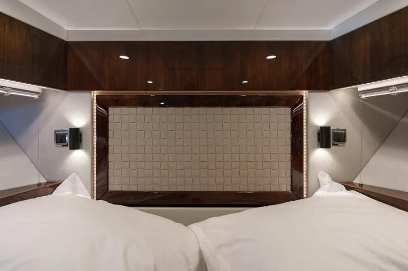  Yacht Photos Pics Luxurious 2023 Fairline Targa 50 yacht cabin with elegant wood and leather accents.