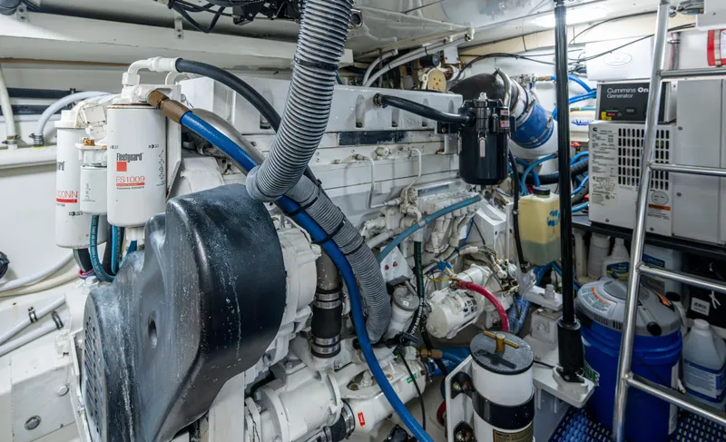  Yacht Photos Pics Engine room of 2005 Gamefisherman 45 Express, showcasing complex machinery and components.