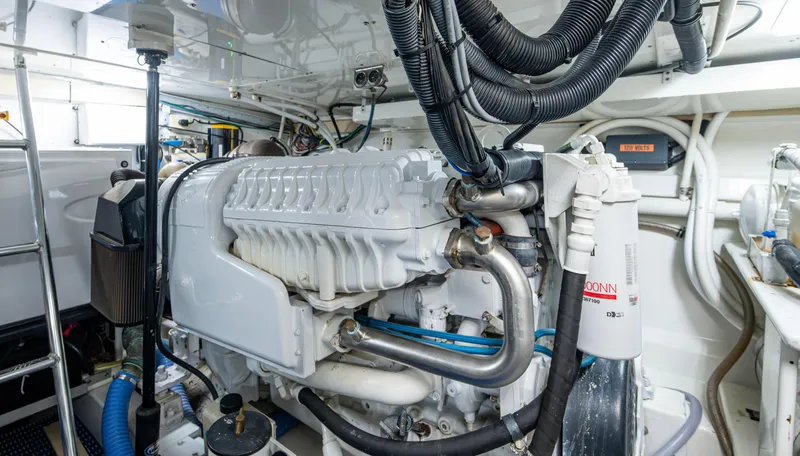  Yacht Photos Pics Engine room of 2005 Gamefisherman 45 Express, showcasing detailed mechanical components.