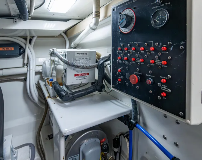  Yacht Photos Pics Electrical control panel in 2005 Gamefisherman 45 Express boat engine room.