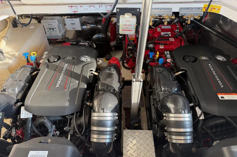  Yacht Photos Pics Engine compartment of a 2019 Regal 35 Sport Coupe with Volvo Penta engines.