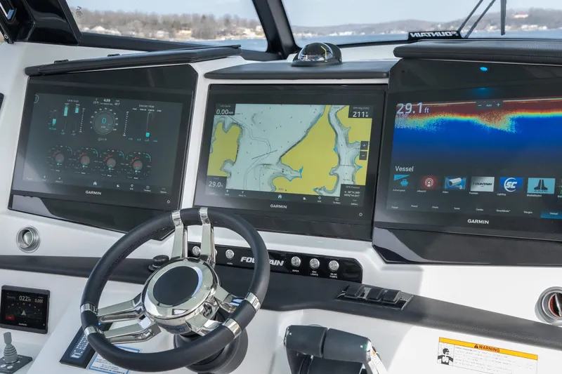  Yacht Photos Pics Dashboard of 2026 Fountain 43 SCX boat with Garmin navigation displays.