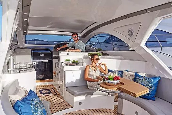  Yacht Photos Pics Luxurious 2026 Schaefer 400 yacht interior with stylish seating and elegant decor.